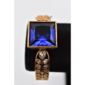 PJM Vintage Blue Glass Crystal Statement Bracelet Bangle Gold Chunky 1990s BinBR